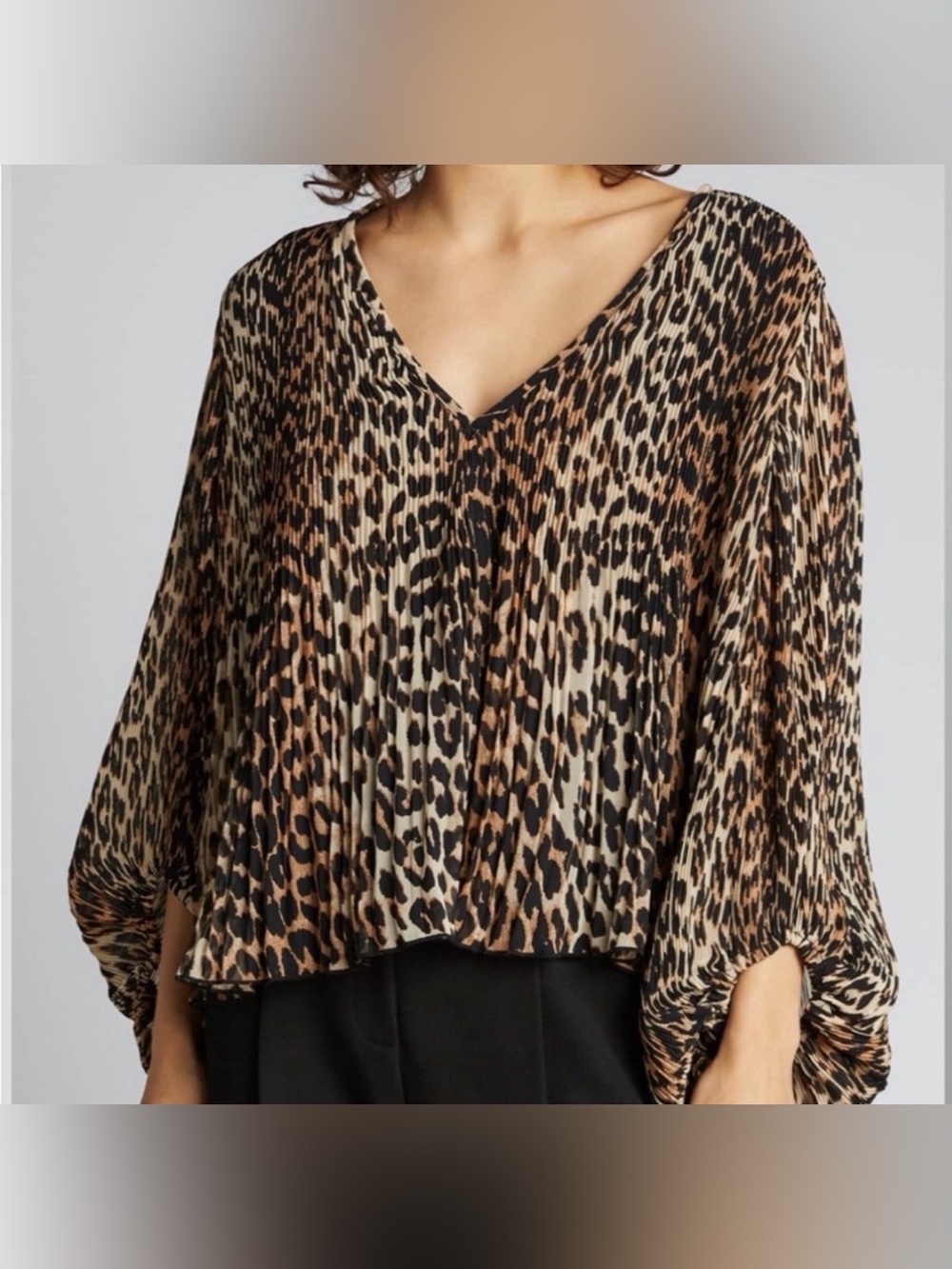 GANNI Leopard Print Pleated V-Neck Balloon Sleeve Blouse EU 44 US 12